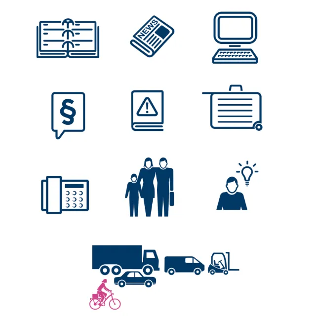 Blue icons of book, news, computer, family, vehicles, and office items