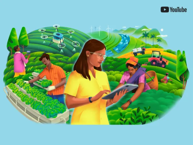 Farmers working in green fields with smart farming devices by Muhammed Sajid