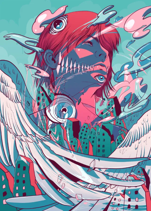 Surreal book cover showing a red-haired figure with multiple eyes and wings