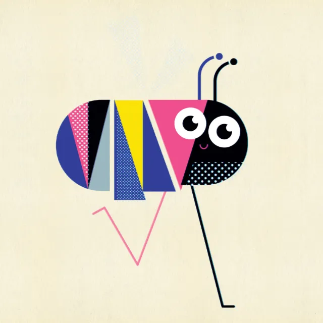 Playful ant illustration in bright geometric shapes