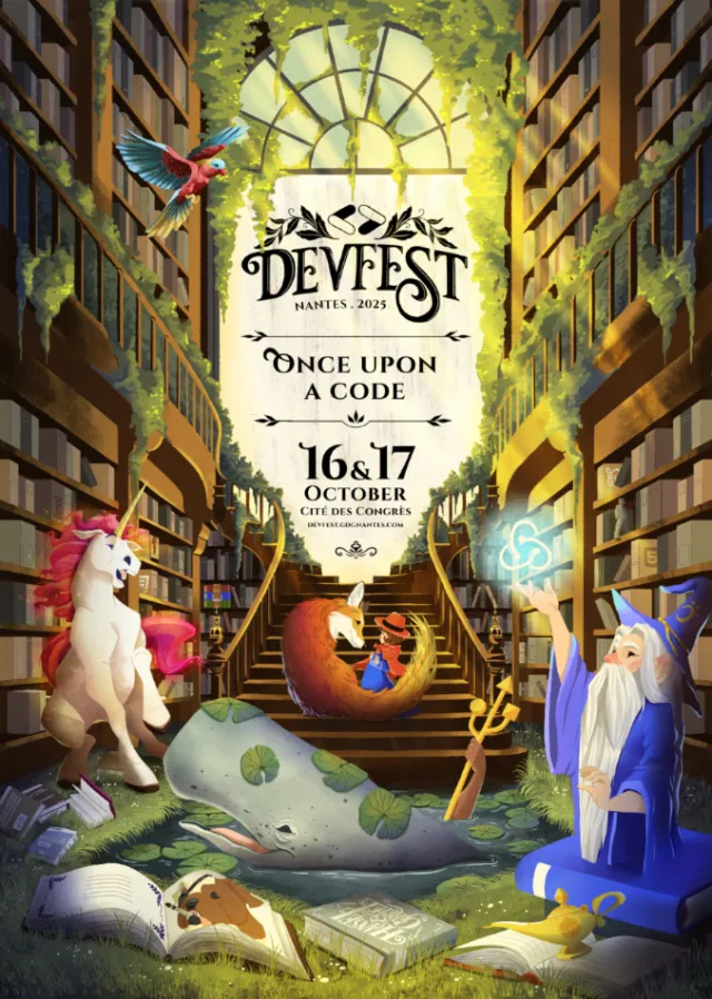 DevFest event poster with wizard, dragon, unicorn, and magical forest scene