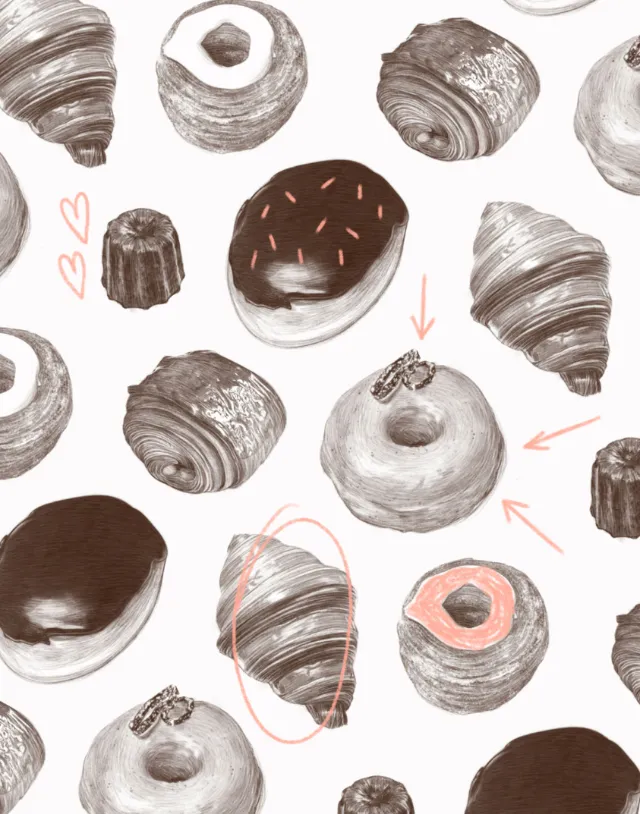Pattern of donuts, cronuts, croissants, and Canelés in brown tones
