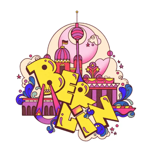 Colorful psychedelic Berlin typography with city landmarks and swirls