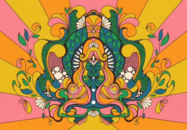 Psychedelic Art Deco woman with swirling hair and floral patterns