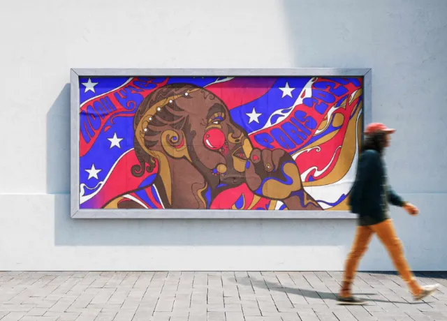 Psychedelic portrait of Olympic sprinter Noah Lyles in red, white, and blue by Laura Greenan