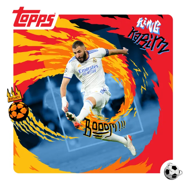 Karim Benzema in Real Madrid kit kicking soccer ball with fiery background