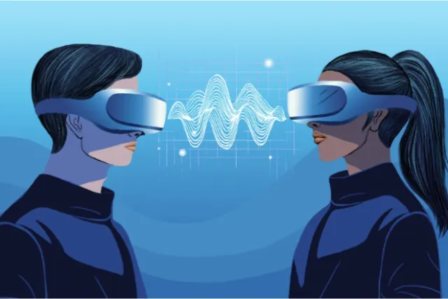 Two individuals with VR headsets and digital sound wave between them.
