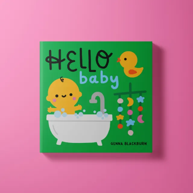 Illustration of baby duck in bathtub with toys on green background