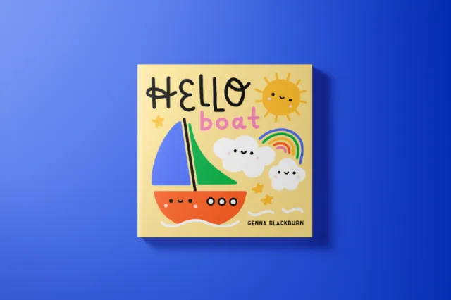 Children's book cover featuring a boat, sun, clouds, and rainbow