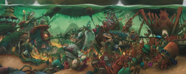Gnome creatures gathered in a colorful forest village setting.