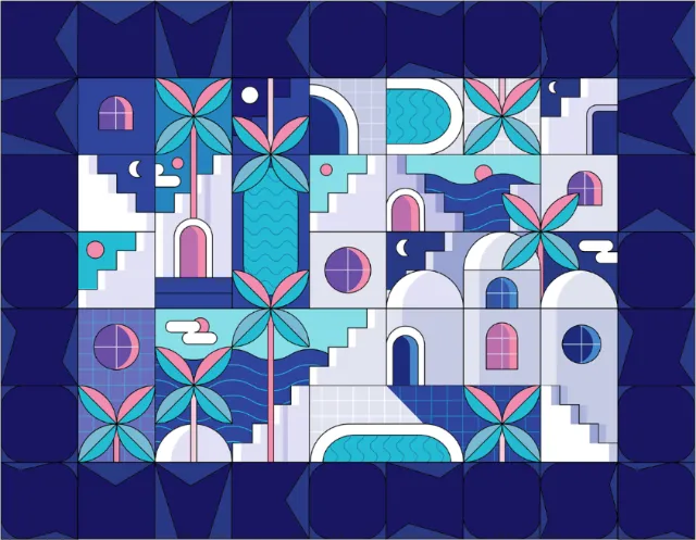 Stylized geometric artwork of Mediterranean buildings and palms