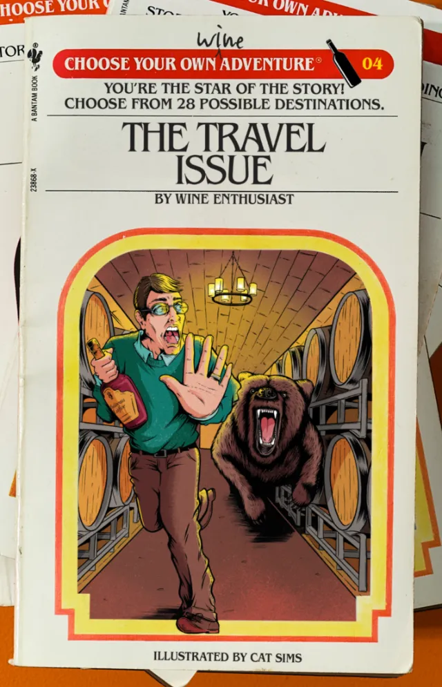 Man in a wine cellar startled by a bear among wine barrels