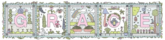 Illustrated nursery blocks spelling GRACE with floral and nature designs
