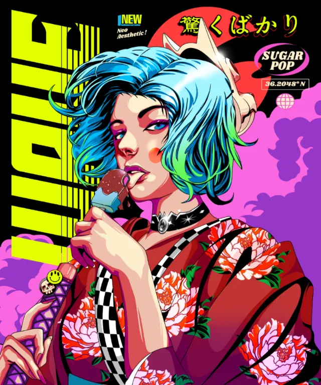 80s City Pop fashion meets traditional Japanese Geisha design