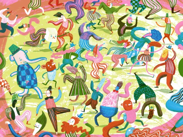 Colorful illustration of diverse people dancing energetically at a festival