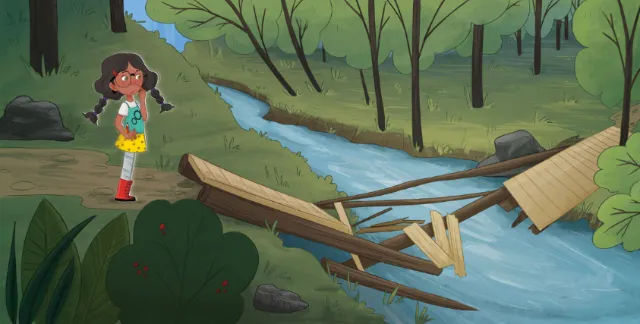 Girl in yellow dress exploring forest near broken wooden bridge over stream