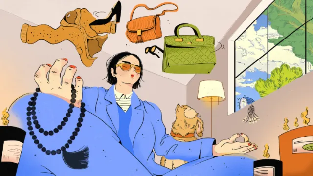 Woman in blue coat holding black beads with handbags and sunny window