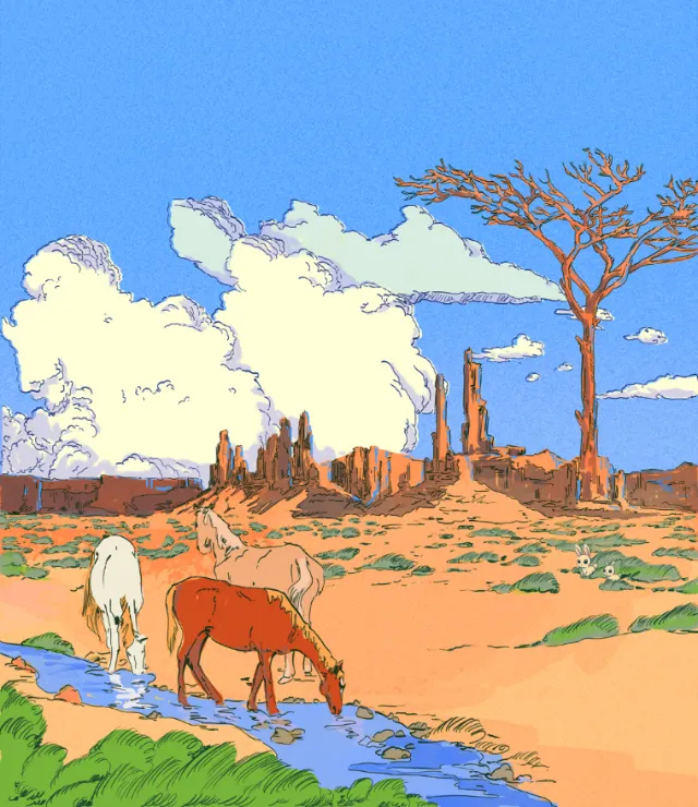 Cows drinking water in desert near a tree under blue sky