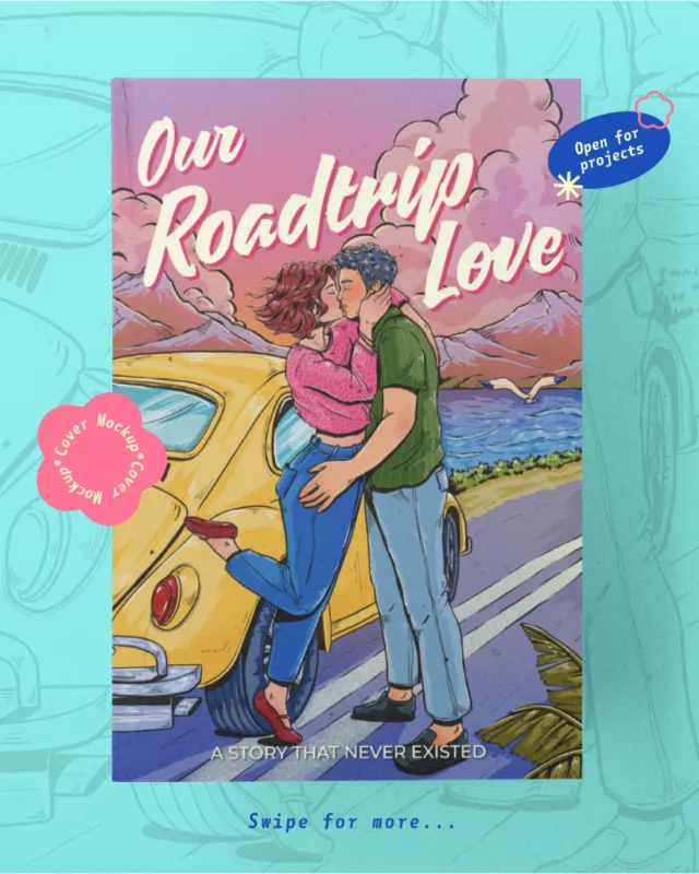 Illustration of couple kissing by a yellow car on a road trip