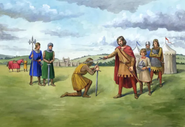 Knight kneeling before nobleman in medieval outdoor scene with onlookers