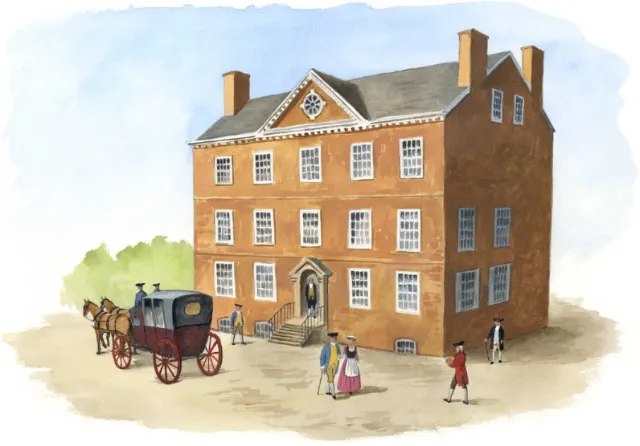 Colonial brick building with horse-drawn carriage and people nearby