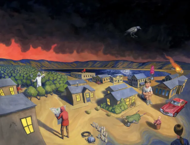 Surreal colorful village with mysterious figures and distorted sand paths at sunset.