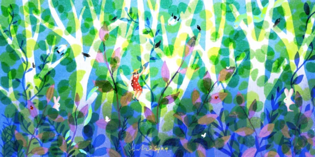 Colorful abstract forest with intertwined branches and leaves