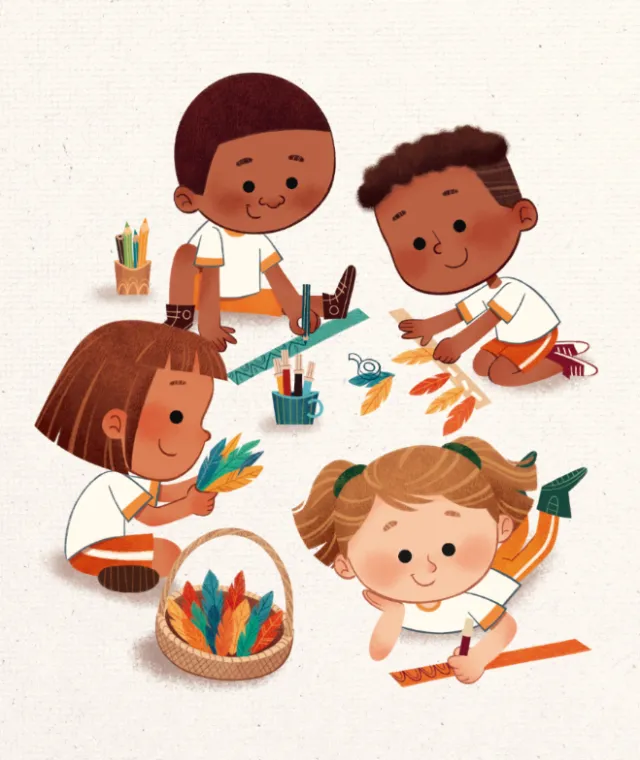 Children crafting with colorful feathers and art supplies by Isa Sonntag
