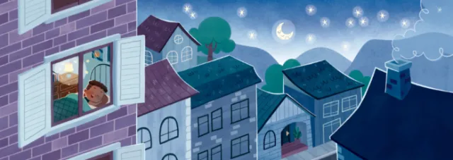 Child looking out window at night with stars and moon in sky