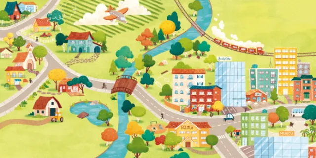 Colorful illustrated cityscape with houses, buildings, trees, and bridges