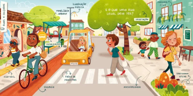 Colorful city street with pedestrians, cyclist, car, and storefronts