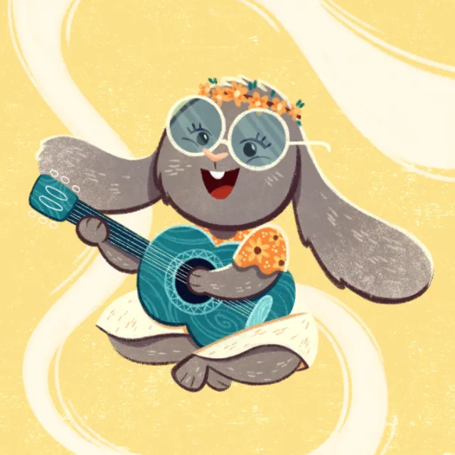 Cute hippie rabbit playing a blue guitar with flower crown