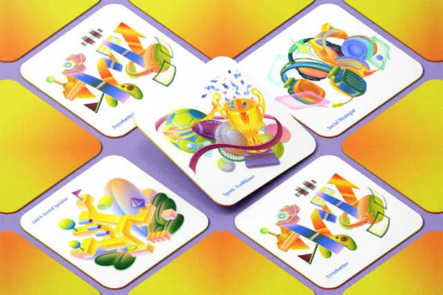 Four colorful abstract cards with psychedelic and vibrant geometric designs
