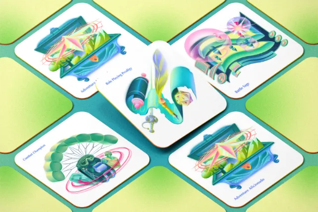 Colorful futuristic abstract geometric shapes and technology illustrations on cards