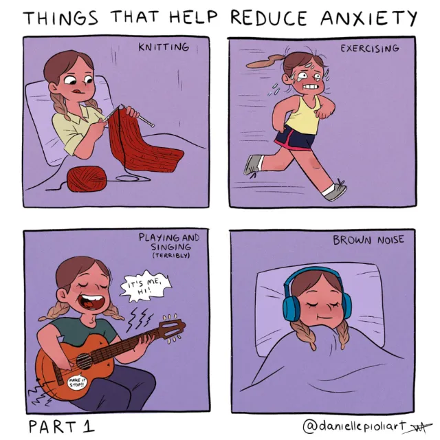 Comic strip showing knitting, exercising, singing, and brown noise to reduce anxiety