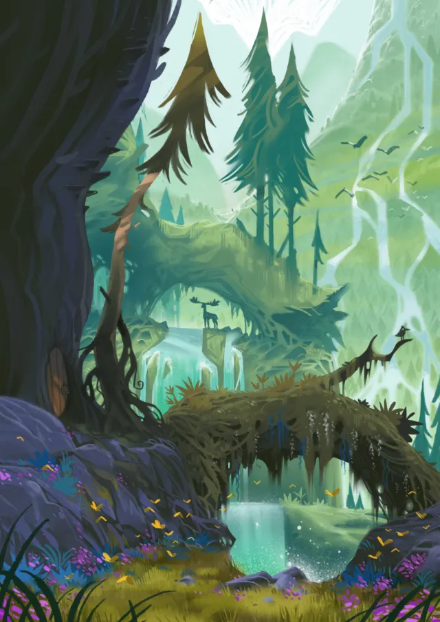 Forest landscape with deer, waterfalls, and natural arch bridges