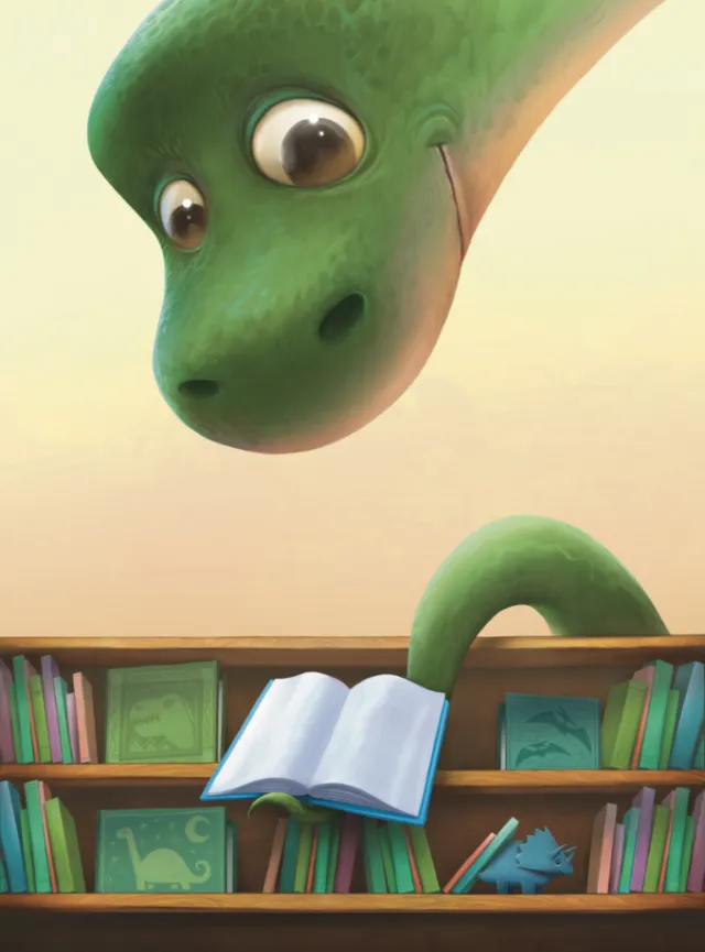 Green dinosaur looking at an open book by a bookshelf.