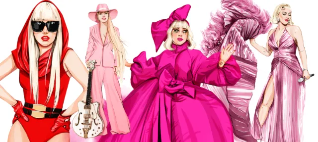 Four women modeling vibrant pink and red fashion outfits