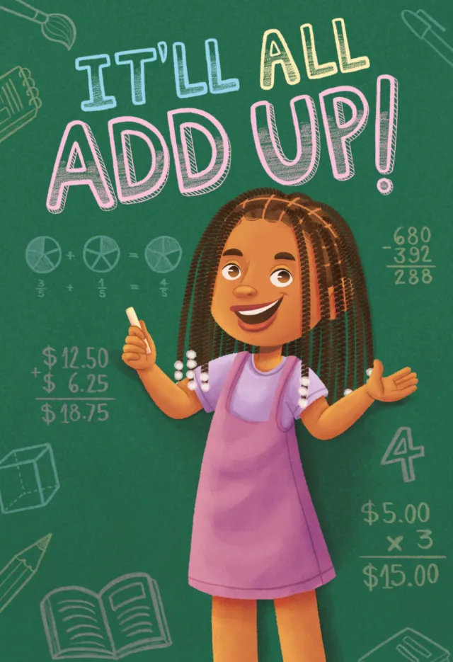 Smiling girl with braids gives thumbs up in front of math chalkboard by Lhaiza Morena