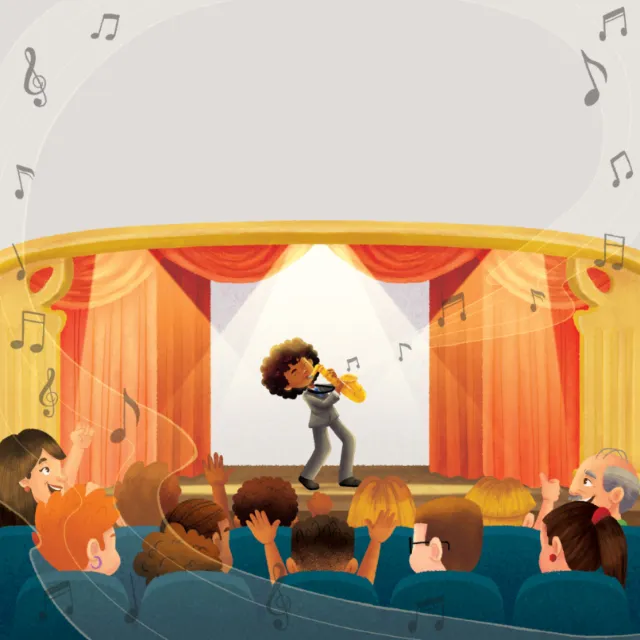Violinist playing on stage with audience clapping and musical notes