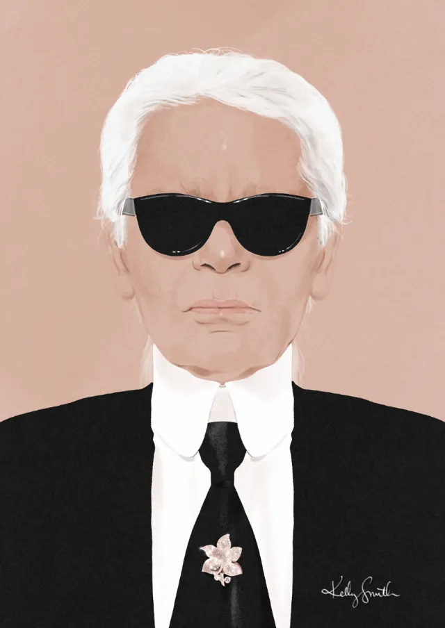 Illustration of a man with white hair wearing black sunglasses and a suit