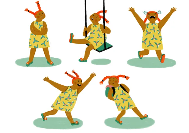 Five poses of a girl with red pigtails in a yellow dress playing