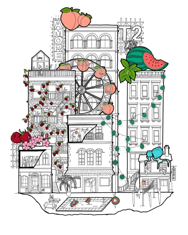 Whimsical cityscape with peaches, watermelon, and flower decorations
