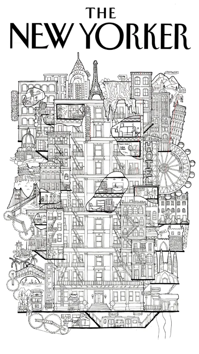 Detailed black and white illustration of New York City skyline and landmarks.