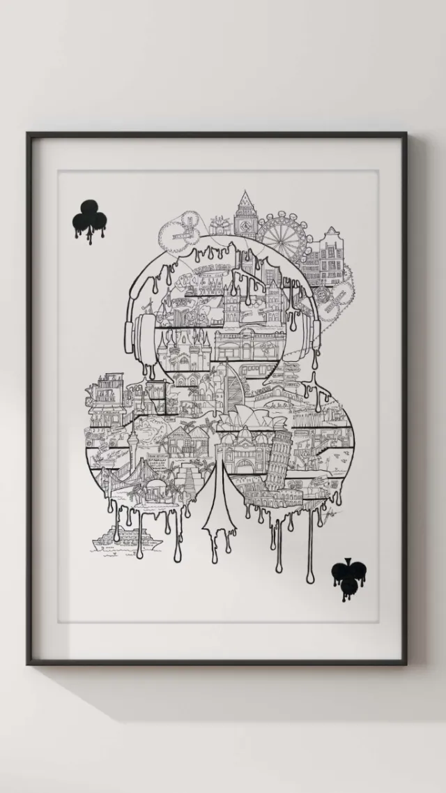Black and white abstract cityscape drawing in spade shape
