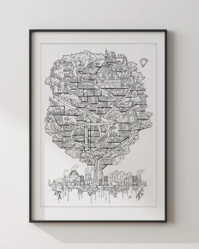 Black and white drawing of a city shaped like a tree with roads and buildings