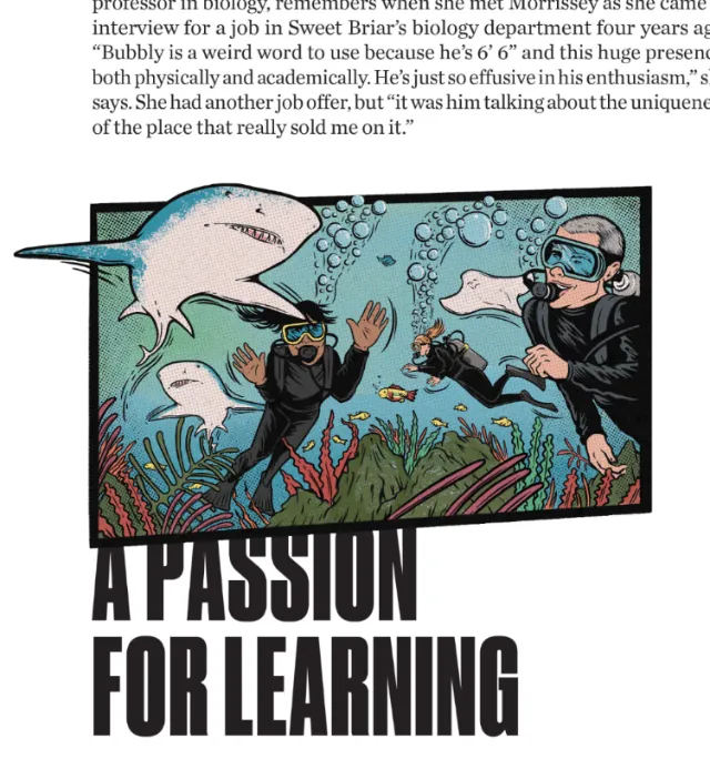 Two scuba divers studying sharks underwater