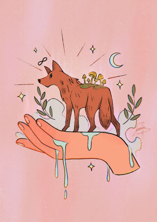 Fantasy-inspired coyote design with magical motifs