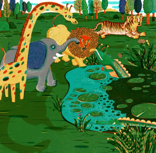 Illustration of jungle animals by pond in forest by Maryam Seraji