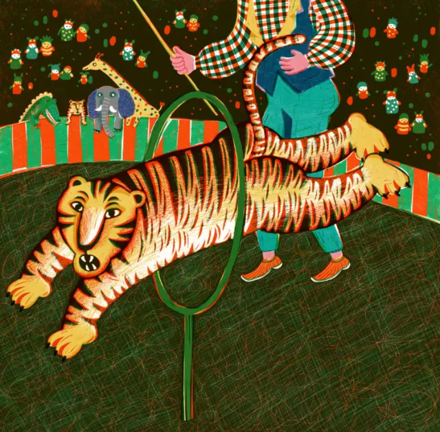 Tiger jumping through hoop in vintage circus artwork